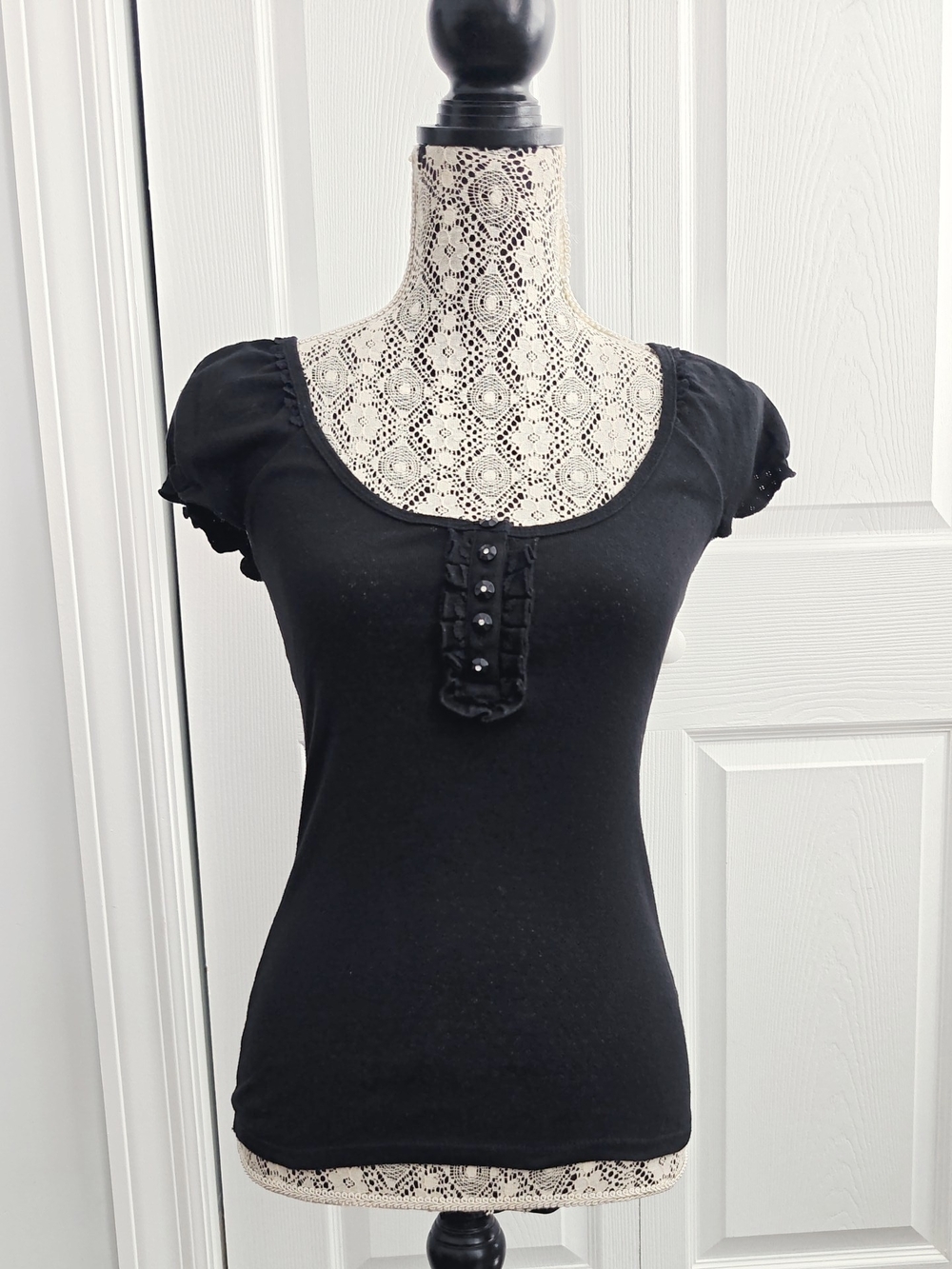 Guess Black Pointelle Scoop Neck Women's Top M